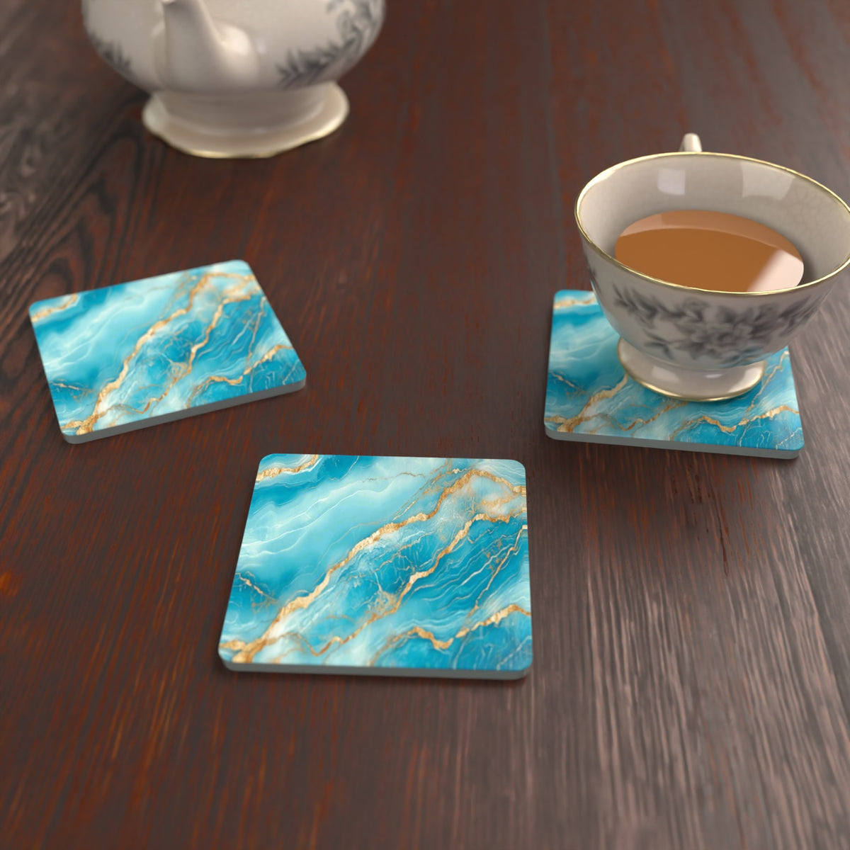 Turquoise & Gold Marble Square Glass Coasters – Set of 6 – lifestyle mockup with a teacup