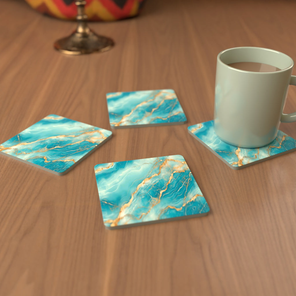 Turquoise & Gold Marble Square Glass Coasters – Set of 6 – cosy lifestyle mockup
