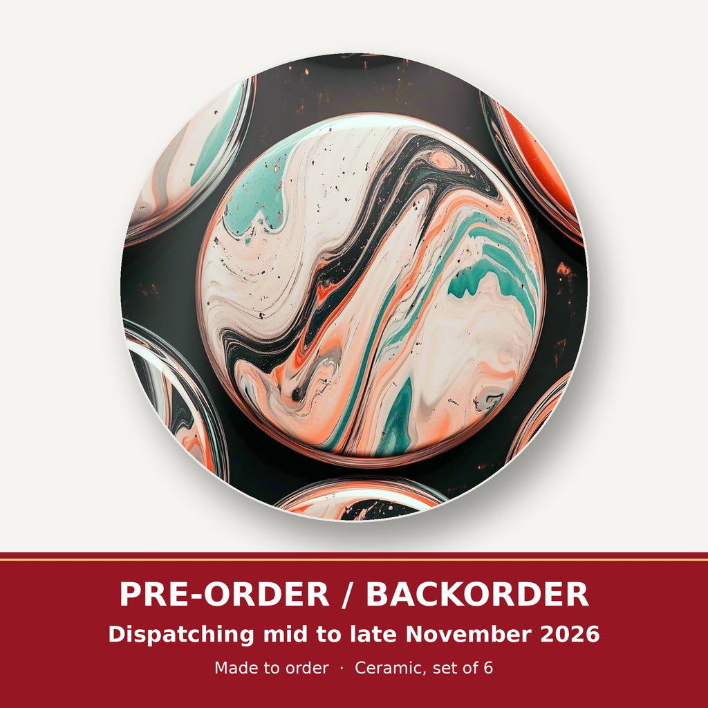 Marbled Discs on Black round ceramic coaster set of 6 – pre-order / backorder, dispatching mid to late November 2026