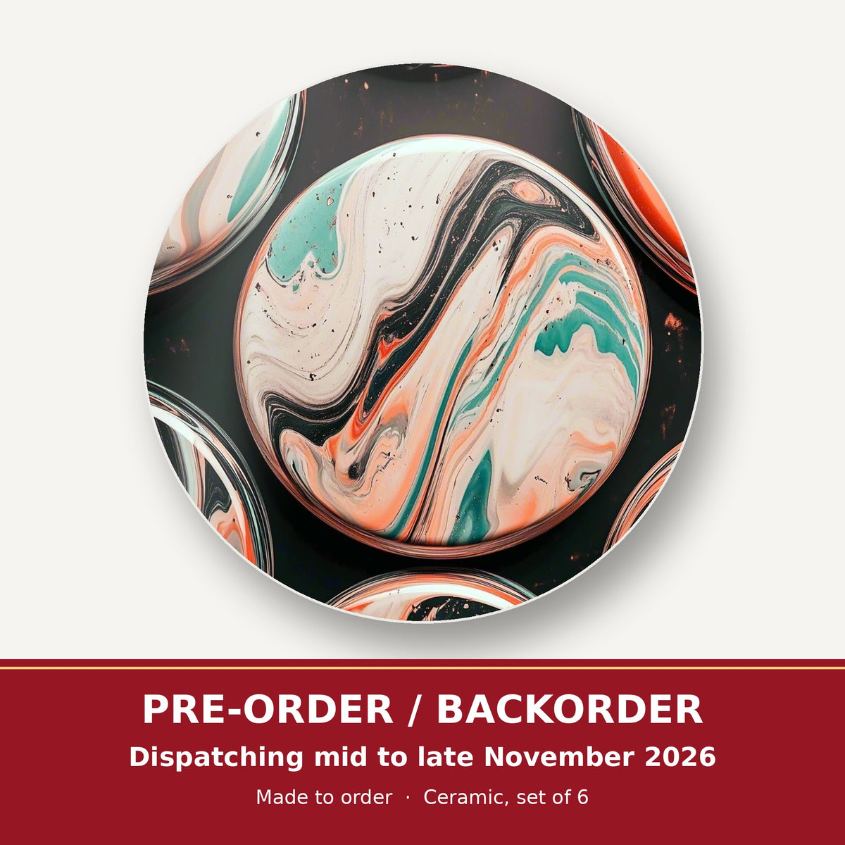 Marbled Discs on Black round ceramic coaster set of 6 – pre-order / backorder, dispatching mid to late November 2026