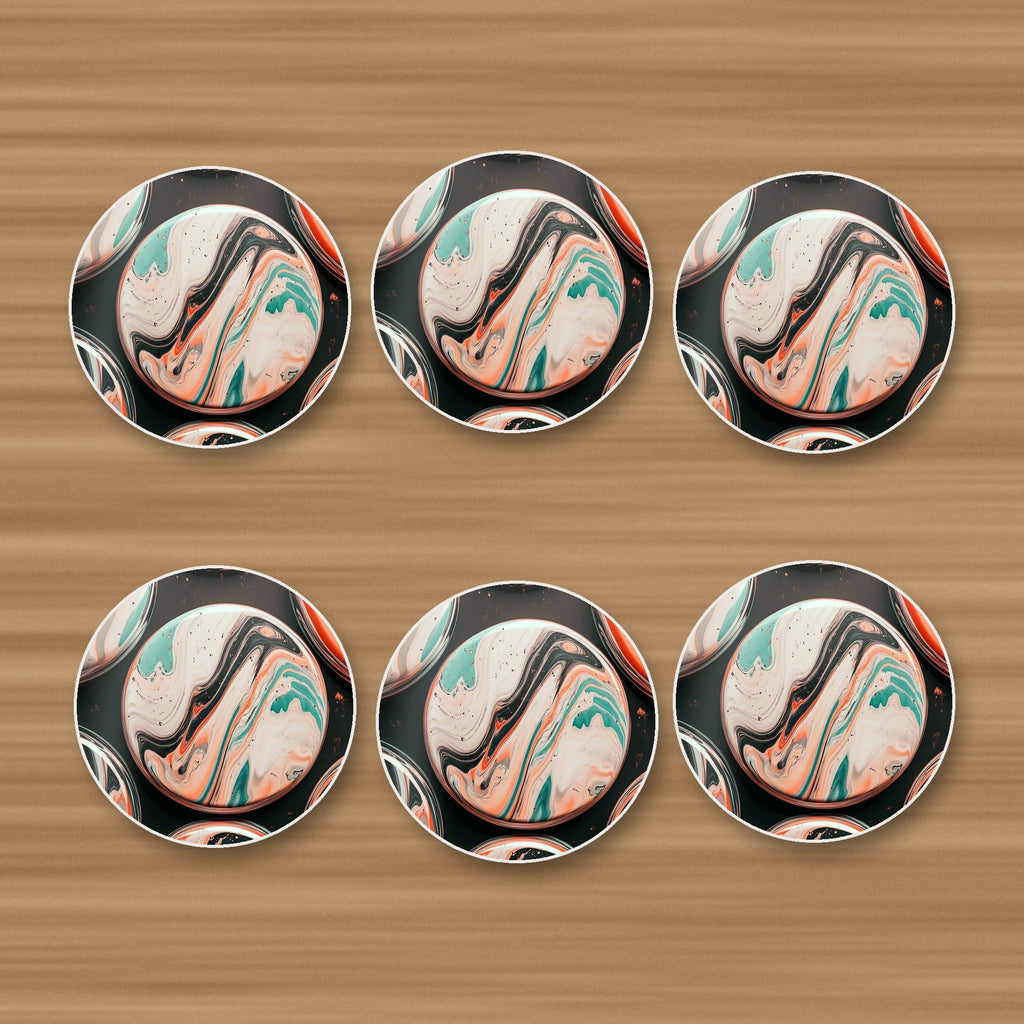 Marbled Discs on Black round ceramic coasters, set of 6, on an oak coffee table