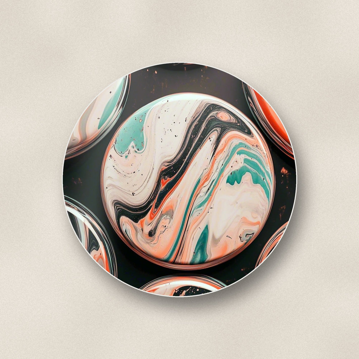 Close-up of one marbled discs on black round ceramic coaster, flat UV print
