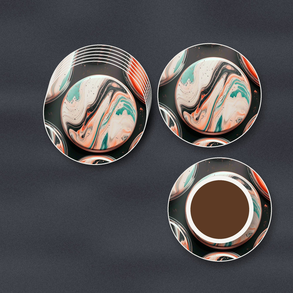 Marbled Discs on Black round ceramic coasters stacked on a slate kitchen worktop