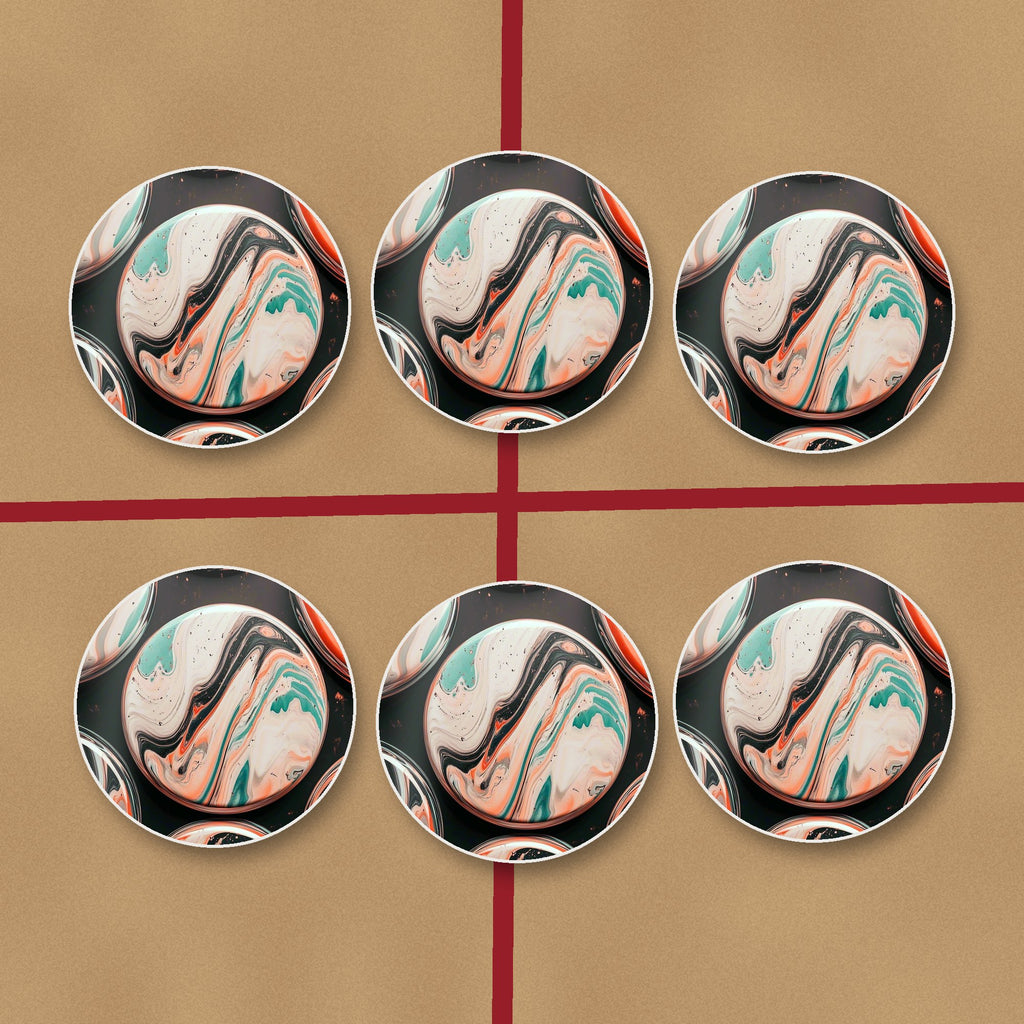 Marbled Discs on Black round ceramic coasters on kraft gift wrap