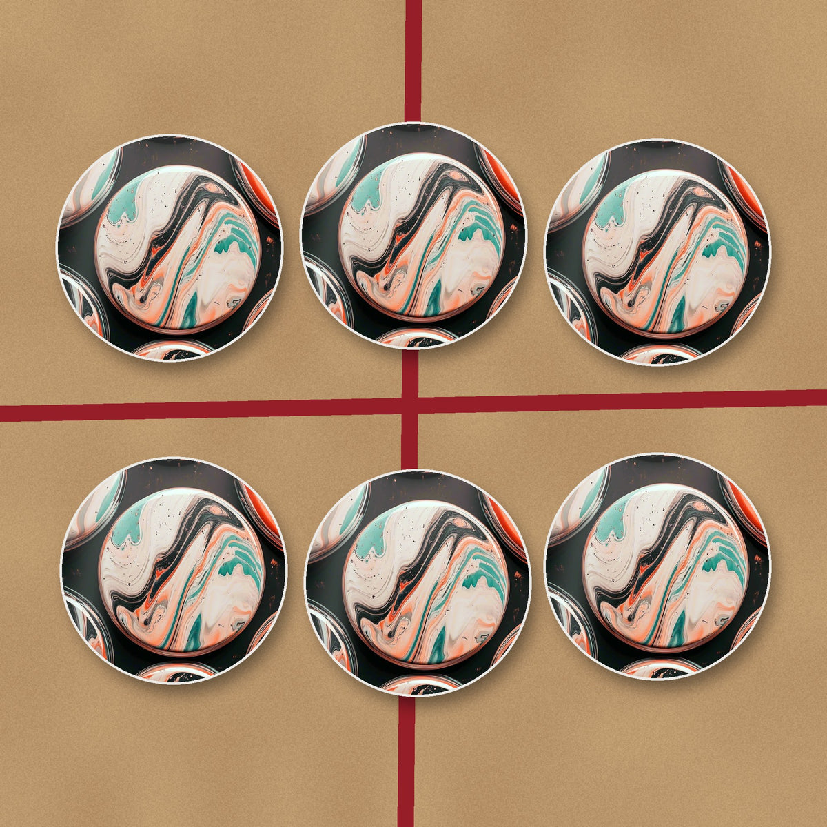 Marbled Discs on Black round ceramic coasters on kraft gift wrap