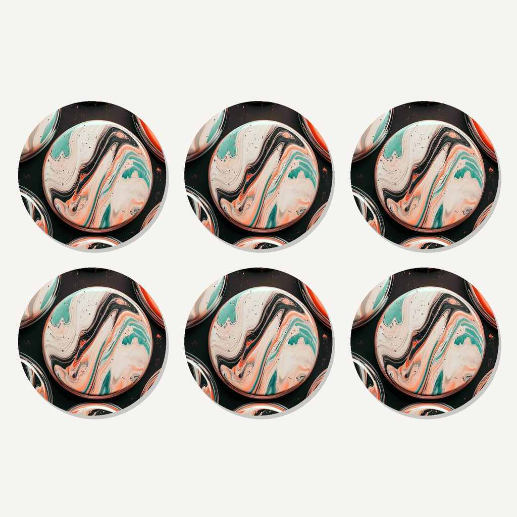 Flat lay of the marbled discs on black artwork on six round coasters