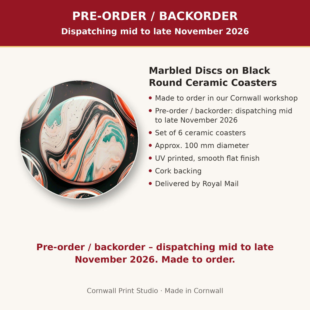 Info card: Marbled Discs on Black Round Ceramic Coasters – Set of 6, made to order, dispatching mid to late November 2026, delivered by Royal Mail