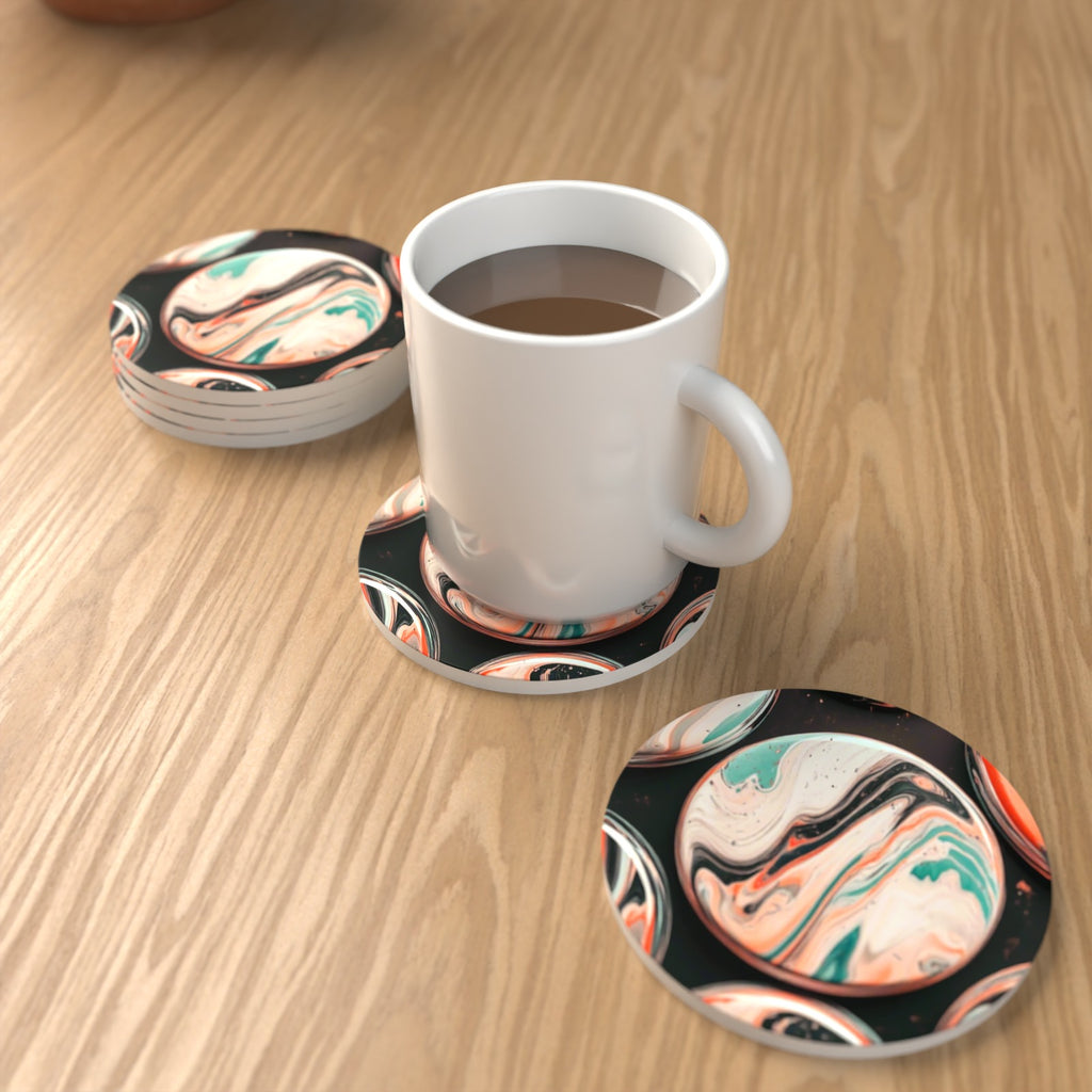 Marbled Discs on Black Round Ceramic Coasters – Set of 6 – lifestyle mockup with a mug of coffee