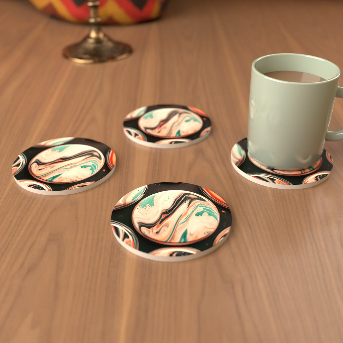 Marbled Discs on Black Round Ceramic Coasters – Set of 6 – cosy lifestyle mockup