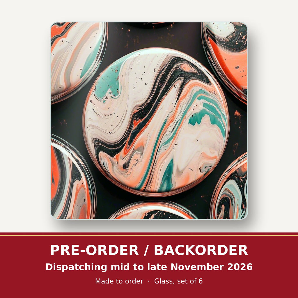 Marbled Discs on Black square glass coaster set of 6 – pre-order / backorder, dispatching mid to late November 2026