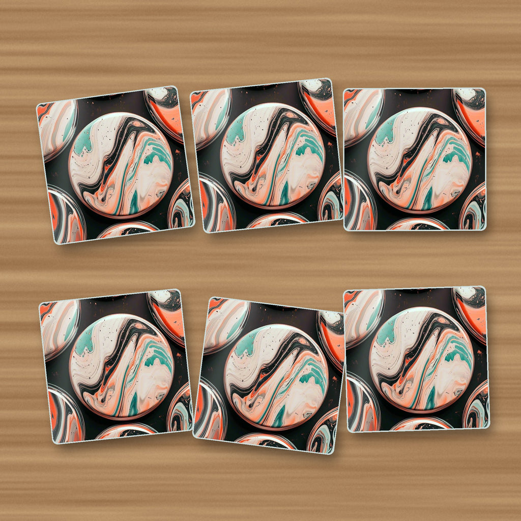 Marbled Discs on Black square glass coasters, set of 6, on an oak coffee table