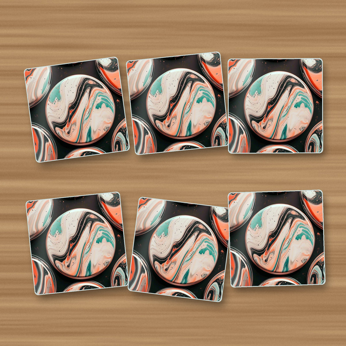 Marbled Discs on Black square glass coasters, set of 6, on an oak coffee table