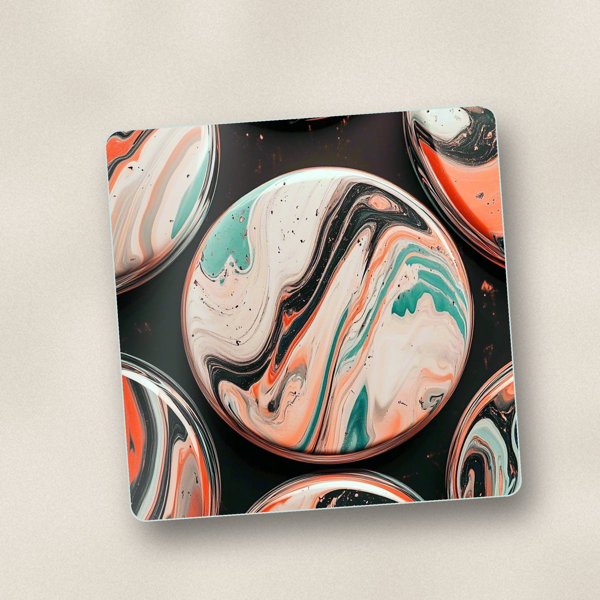 Close-up of one marbled discs on black square glass coaster, flat UV print