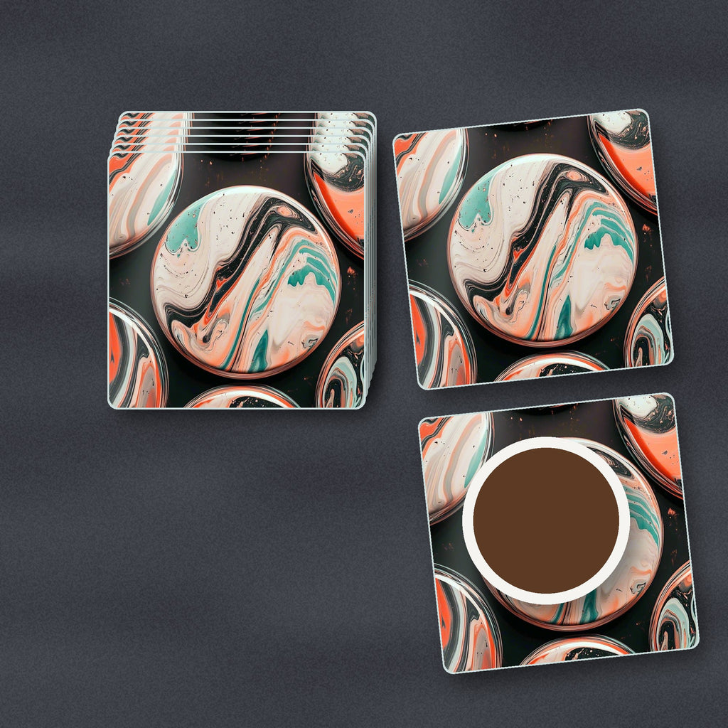 Marbled Discs on Black square glass coasters stacked on a slate kitchen worktop