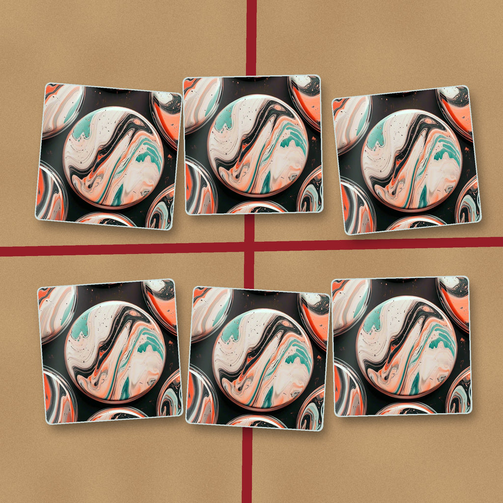 Marbled Discs on Black square glass coasters on kraft gift wrap