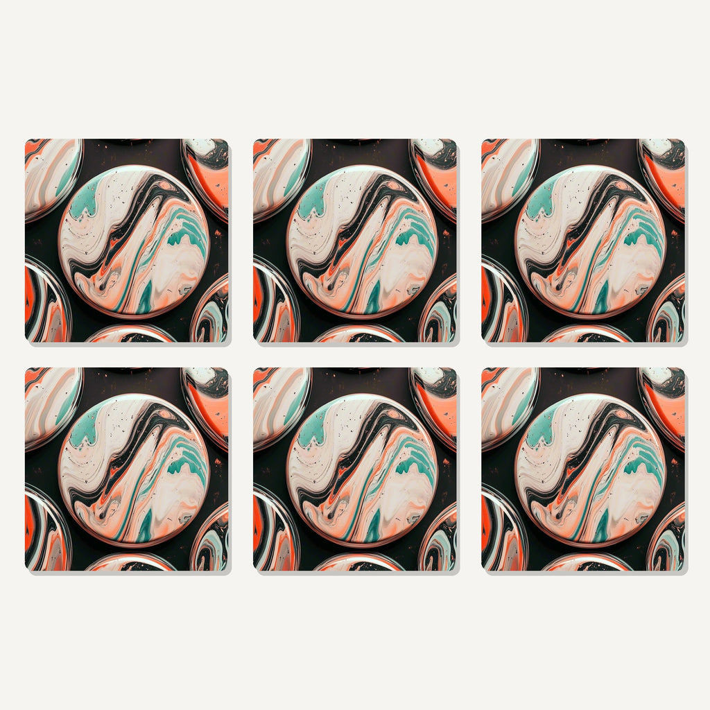 Flat lay of the marbled discs on black artwork on six square coasters