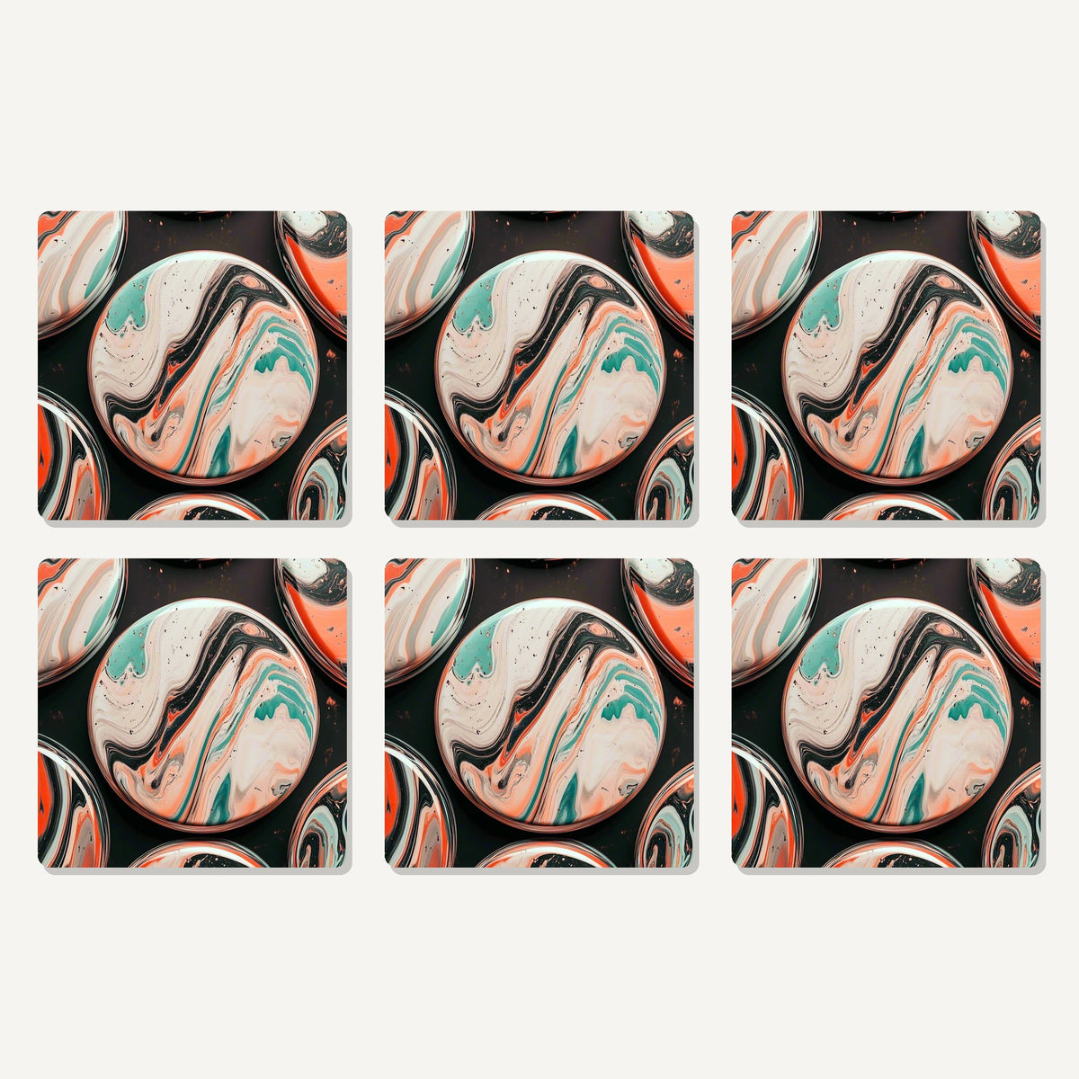 Flat lay of the marbled discs on black artwork on six square coasters