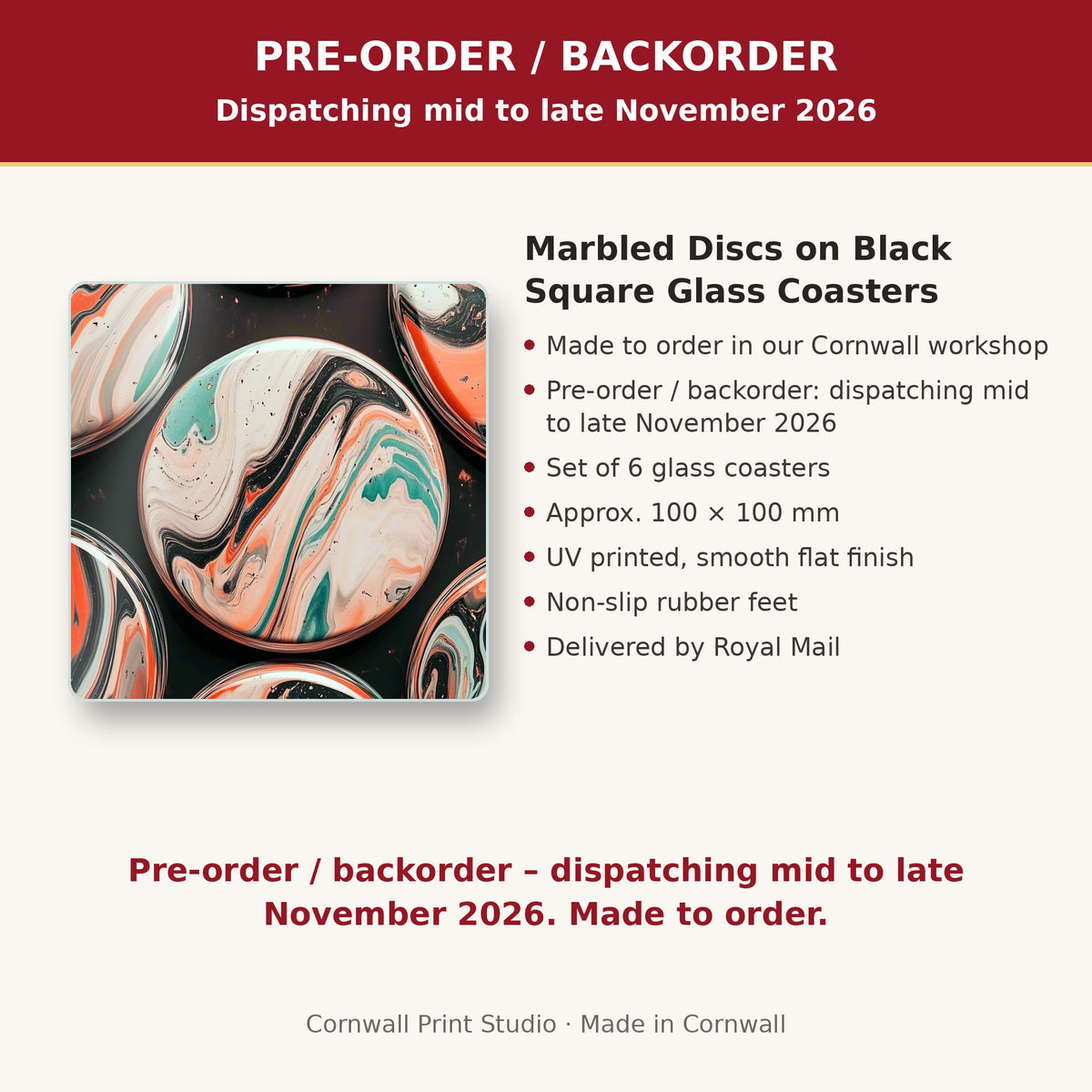 Info card: Marbled Discs on Black Square Glass Coasters – Set of 6, made to order, dispatching mid to late November 2026, delivered by Royal Mail