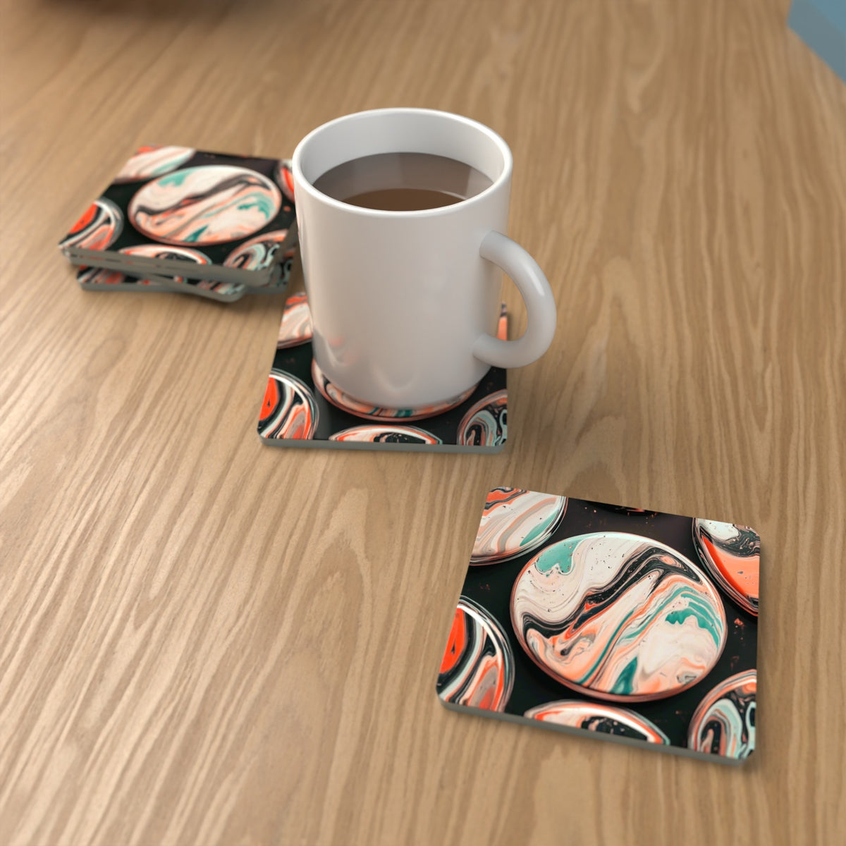 Marbled Discs on Black Square Glass Coasters – Set of 6 – lifestyle mockup with a mug of coffee