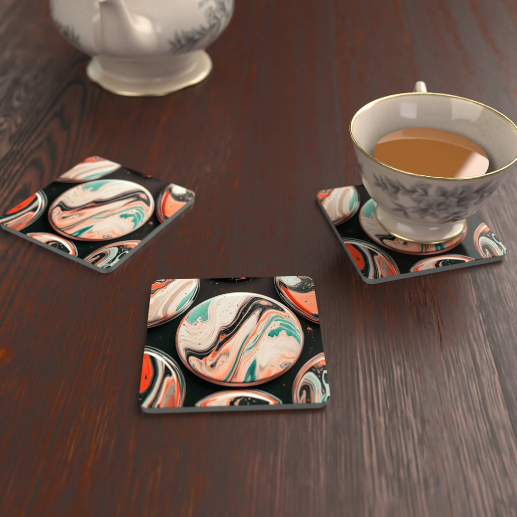 Marbled Discs on Black Square Glass Coasters – Set of 6 – lifestyle mockup with a teacup