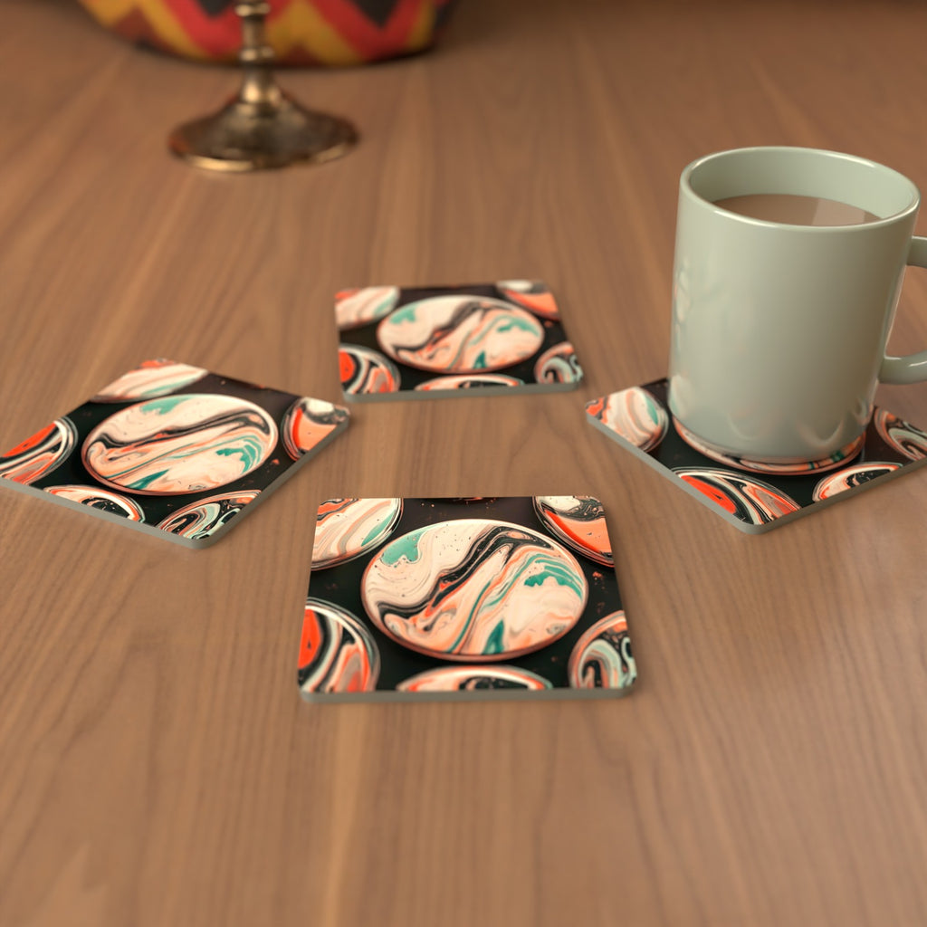 Marbled Discs on Black Square Glass Coasters – Set of 6 – cosy lifestyle mockup