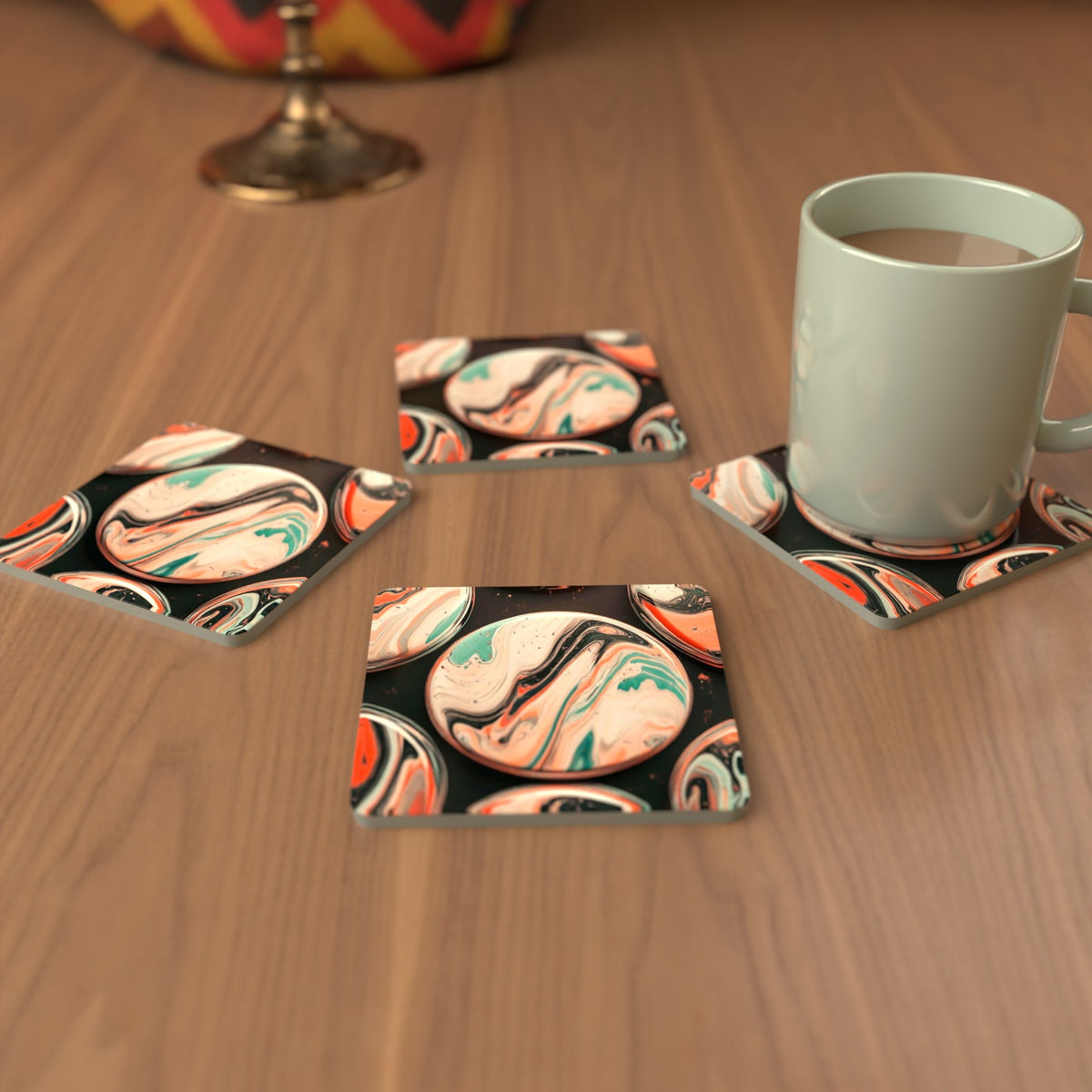 Marbled Discs on Black Square Glass Coasters – Set of 6 – cosy lifestyle mockup