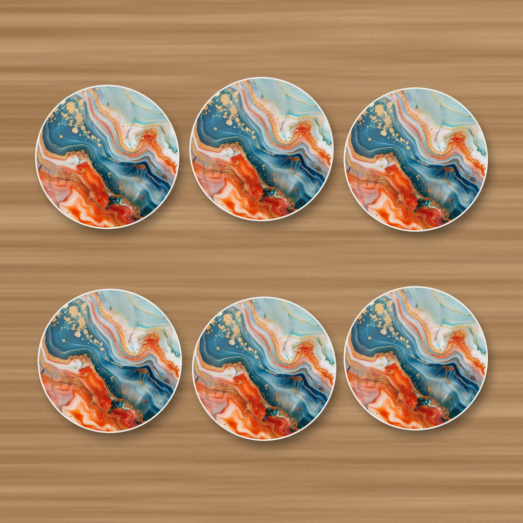 Teal & Copper Marble round ceramic coasters, set of 6, on an oak coffee table