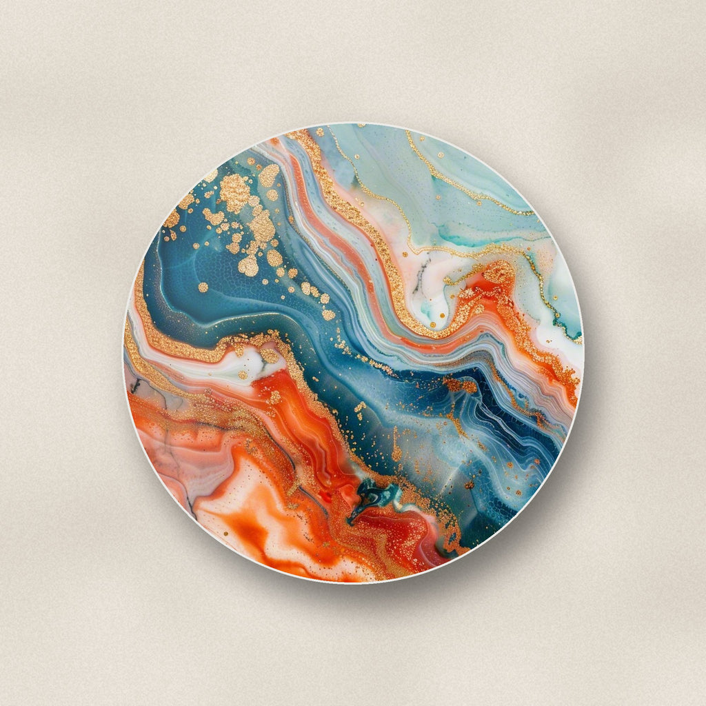 Close-up of one teal & copper marble round ceramic coaster, flat UV print