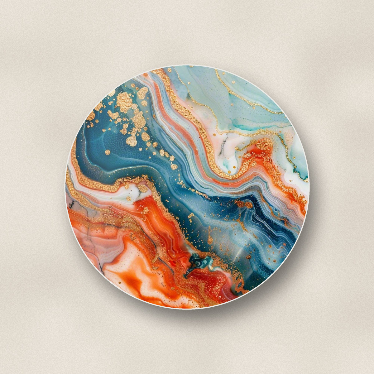 Close-up of one teal & copper marble round ceramic coaster, flat UV print
