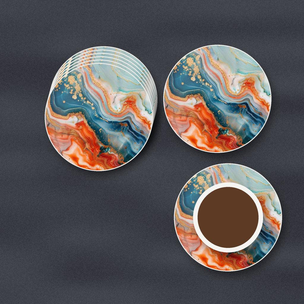 Teal & Copper Marble round ceramic coasters stacked on a slate kitchen worktop