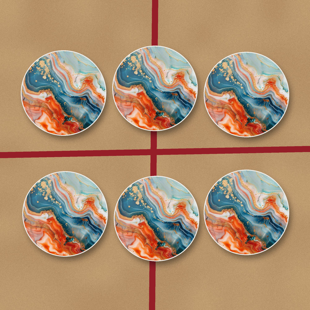 Teal & Copper Marble round ceramic coasters on kraft gift wrap