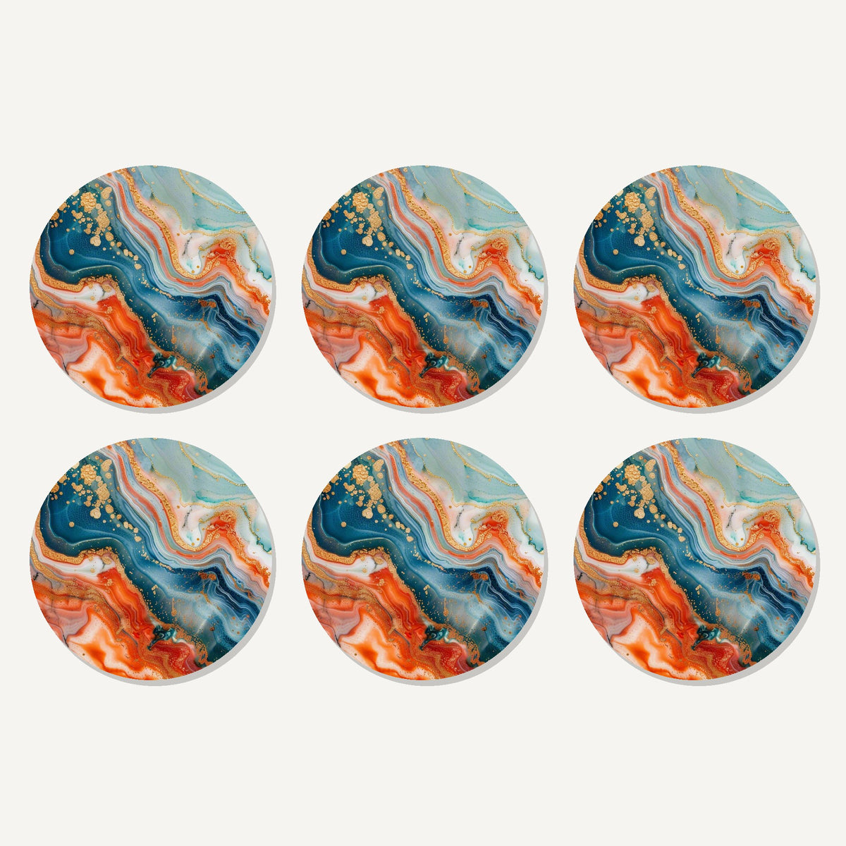 Flat lay of the teal & copper marble artwork on six round coasters