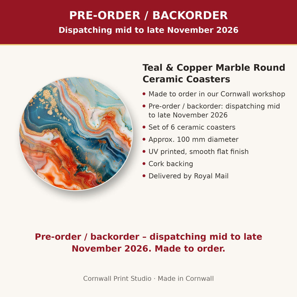 Info card: Teal & Copper Marble Round Ceramic Coasters – Set of 6, made to order, dispatching mid to late November 2026, delivered by Royal Mail
