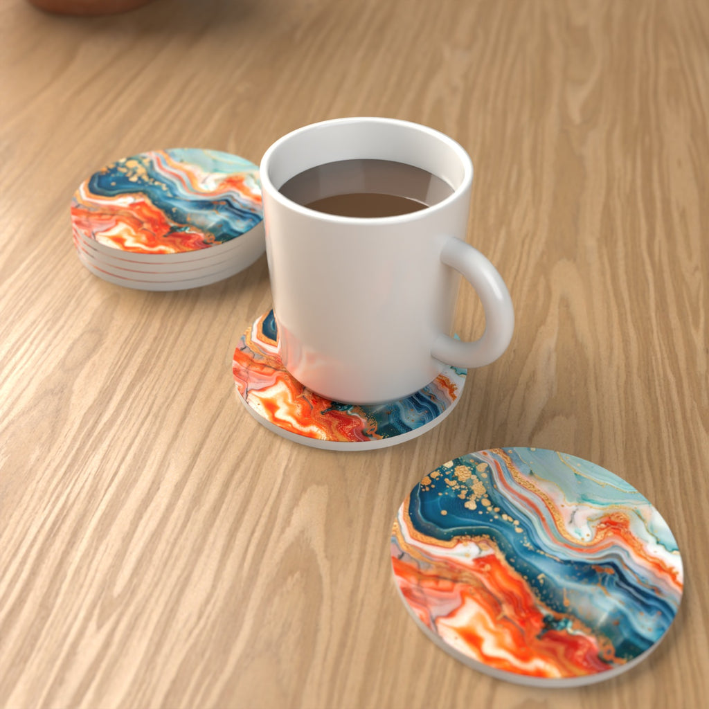 Teal & Copper Marble Round Ceramic Coasters – Set of 6 – lifestyle mockup with a mug of coffee