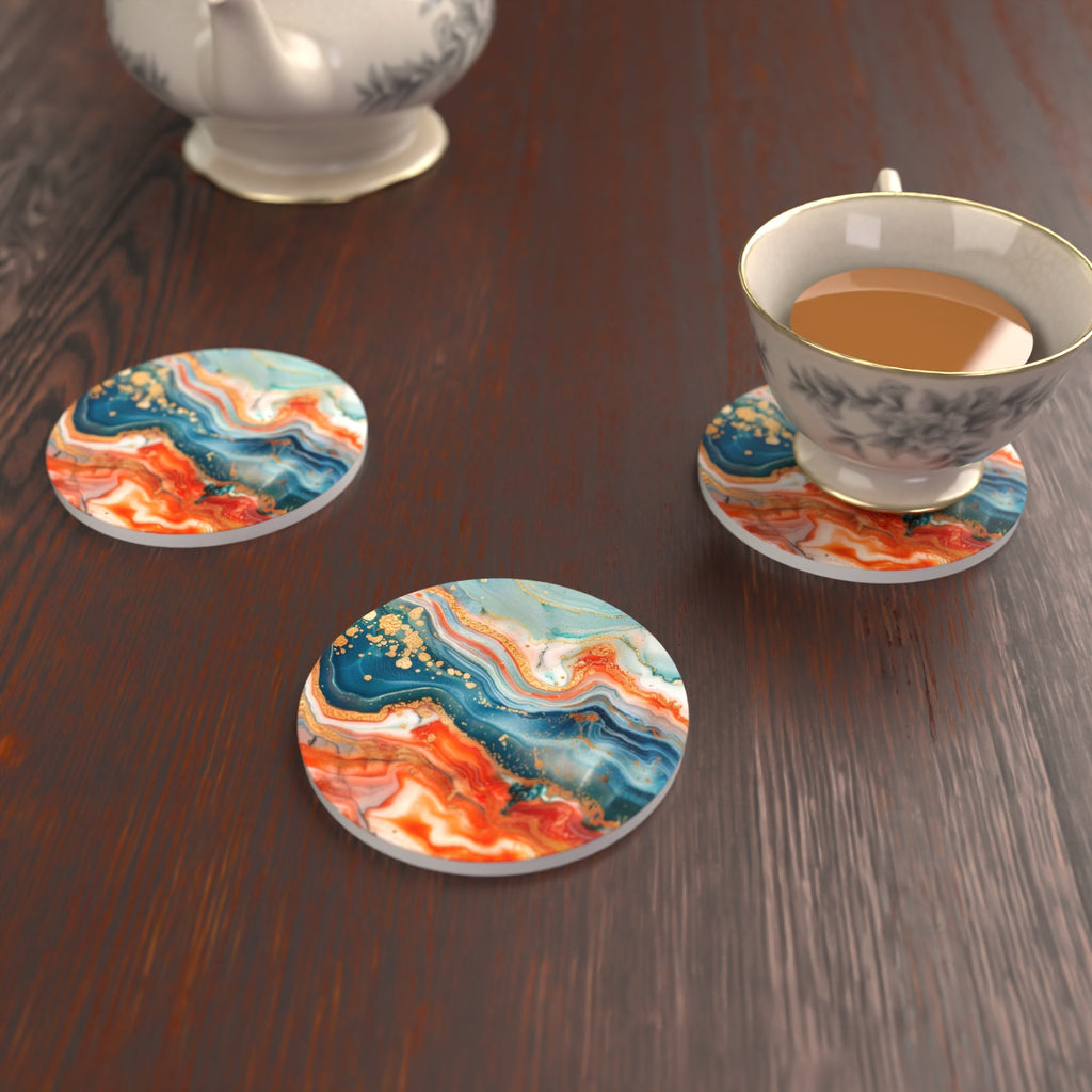 Teal & Copper Marble Round Ceramic Coasters – Set of 6 – lifestyle mockup with a teacup