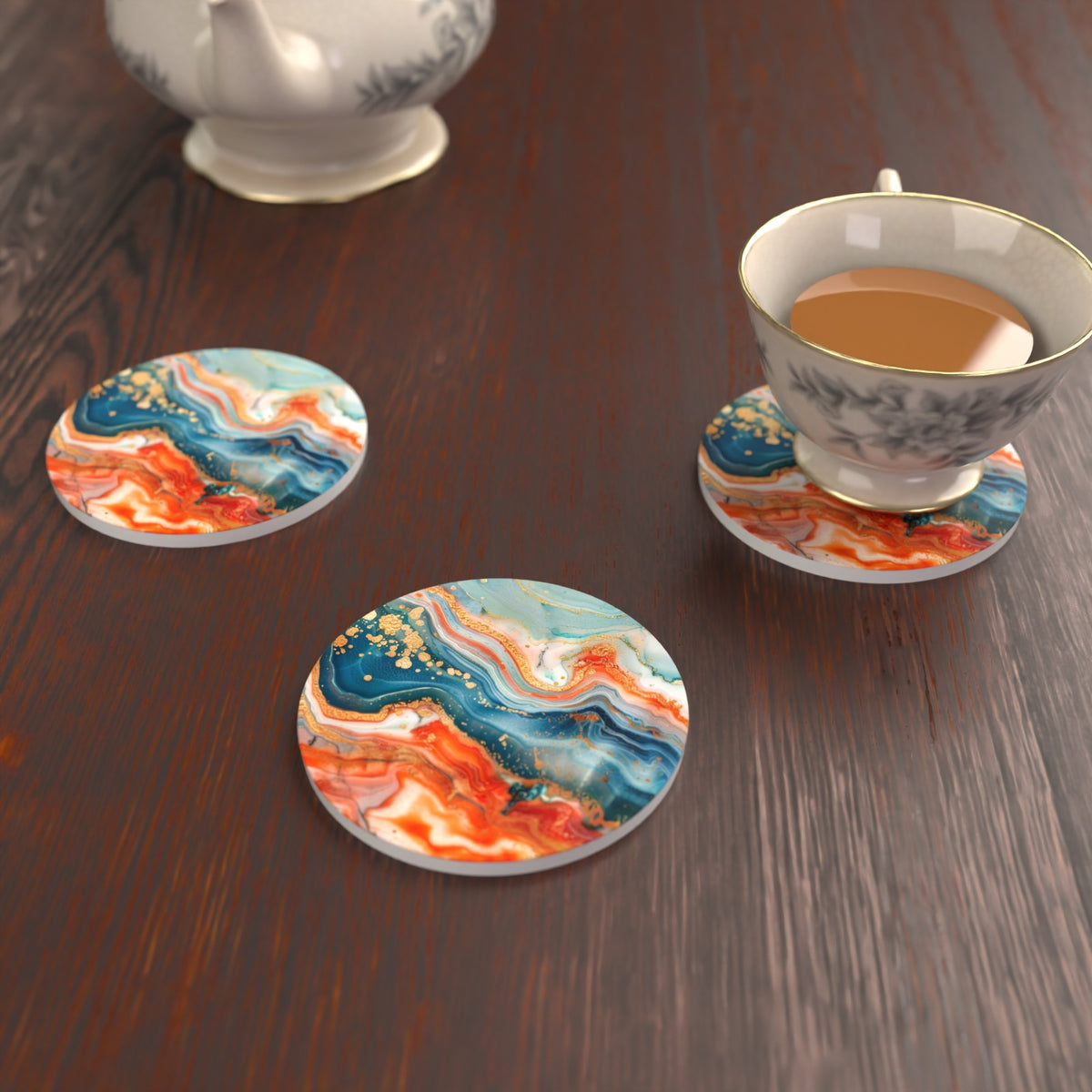 Teal & Copper Marble Round Ceramic Coasters – Set of 6 – lifestyle mockup with a teacup