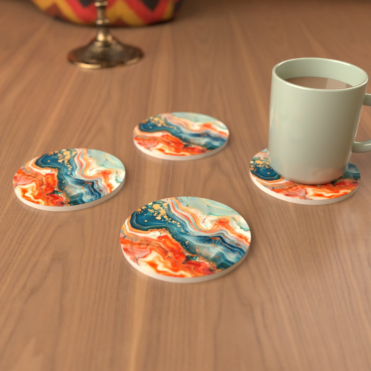 Teal & Copper Marble Round Ceramic Coasters – Set of 6 – cosy lifestyle mockup