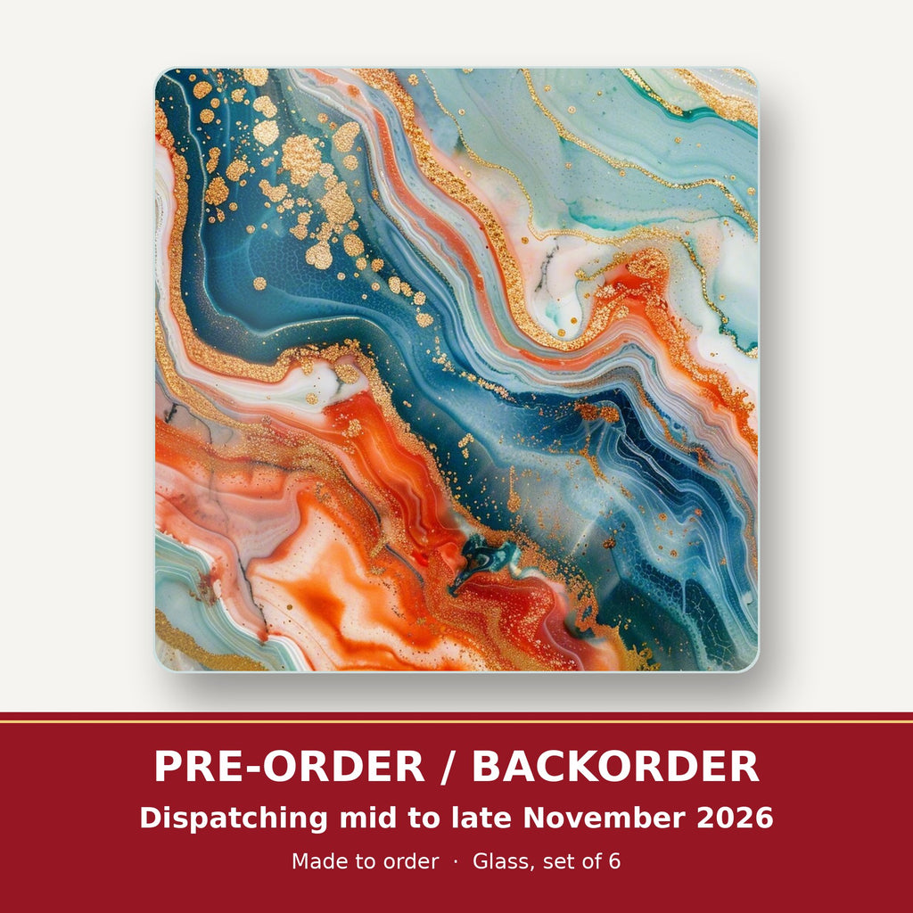 Teal & Copper Marble square glass coaster set of 6 – pre-order / backorder, dispatching mid to late November 2026