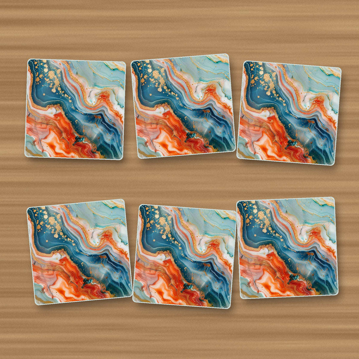 Teal & Copper Marble square glass coasters, set of 6, on an oak coffee table
