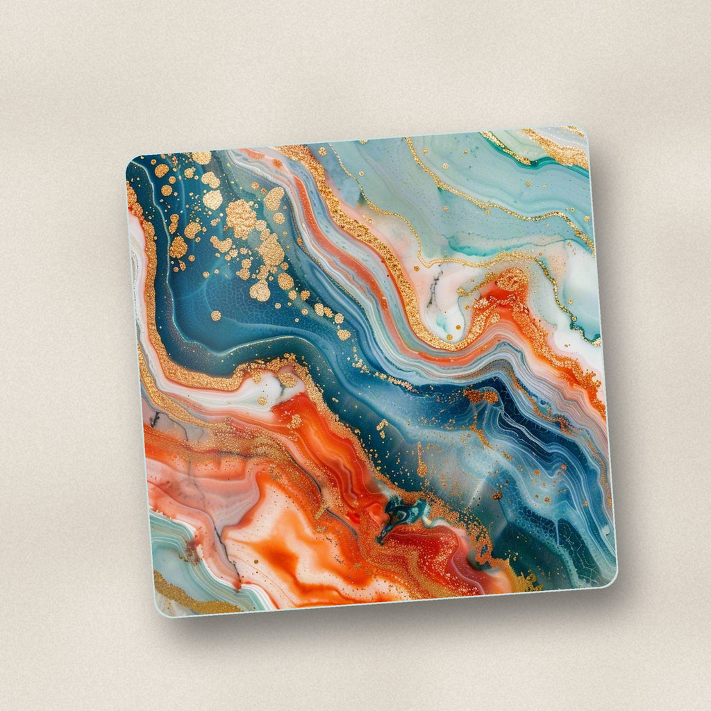 Close-up of one teal & copper marble square glass coaster, flat UV print