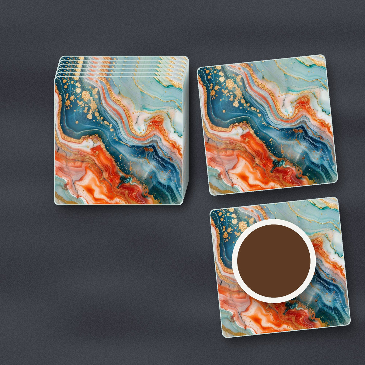 Teal & Copper Marble square glass coasters stacked on a slate kitchen worktop