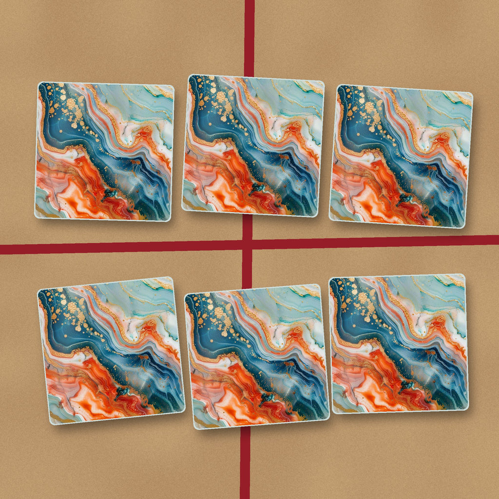 Teal & Copper Marble square glass coasters on kraft gift wrap