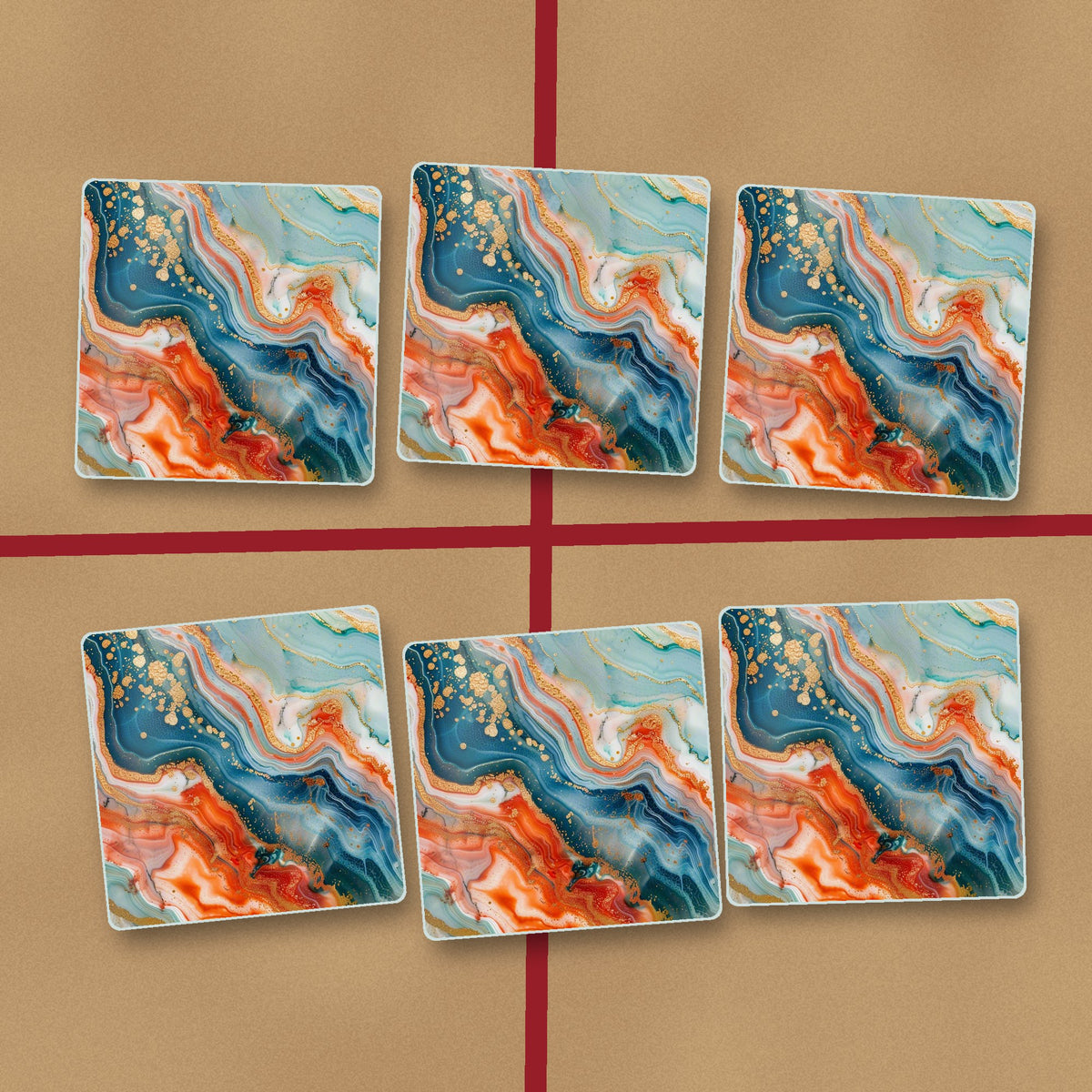 Teal & Copper Marble square glass coasters on kraft gift wrap