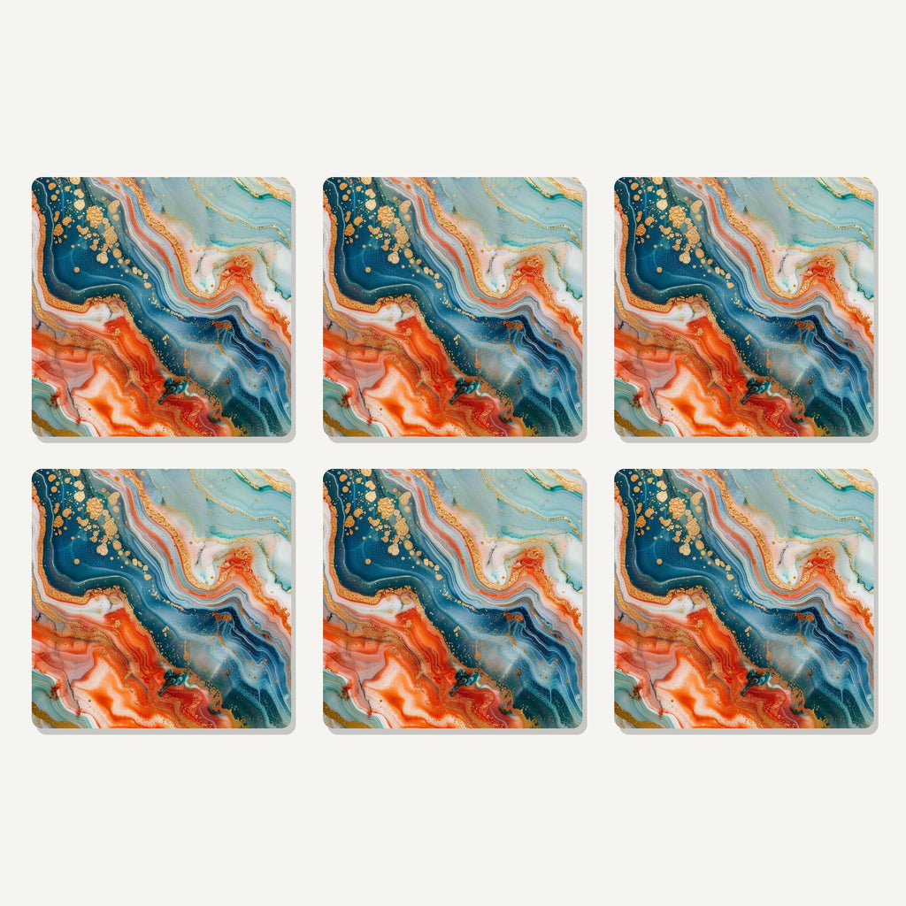 Flat lay of the teal & copper marble artwork on six square coasters