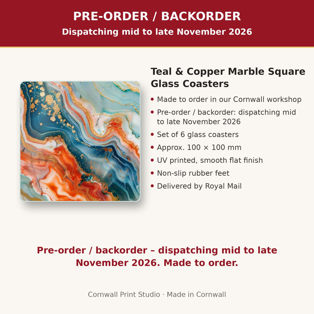 Info card: Teal & Copper Marble Square Glass Coasters – Set of 6, made to order, dispatching mid to late November 2026, delivered by Royal Mail