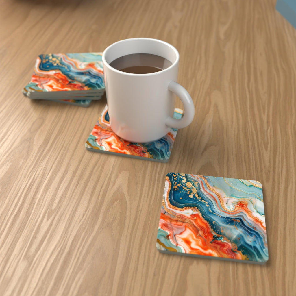 Teal & Copper Marble Square Glass Coasters – Set of 6 – lifestyle mockup with a mug of coffee