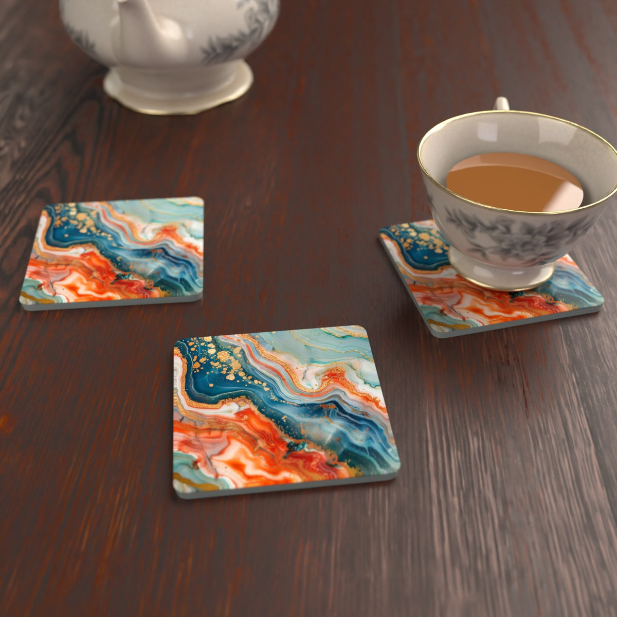 Teal & Copper Marble Square Glass Coasters – Set of 6 – lifestyle mockup with a teacup