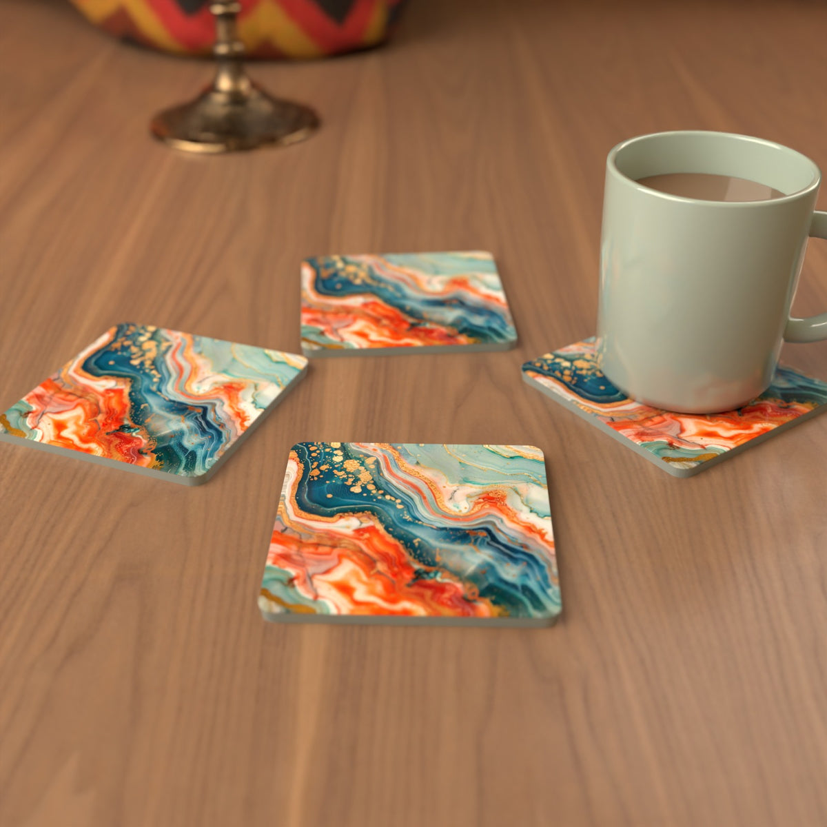 Teal & Copper Marble Square Glass Coasters – Set of 6 – cosy lifestyle mockup