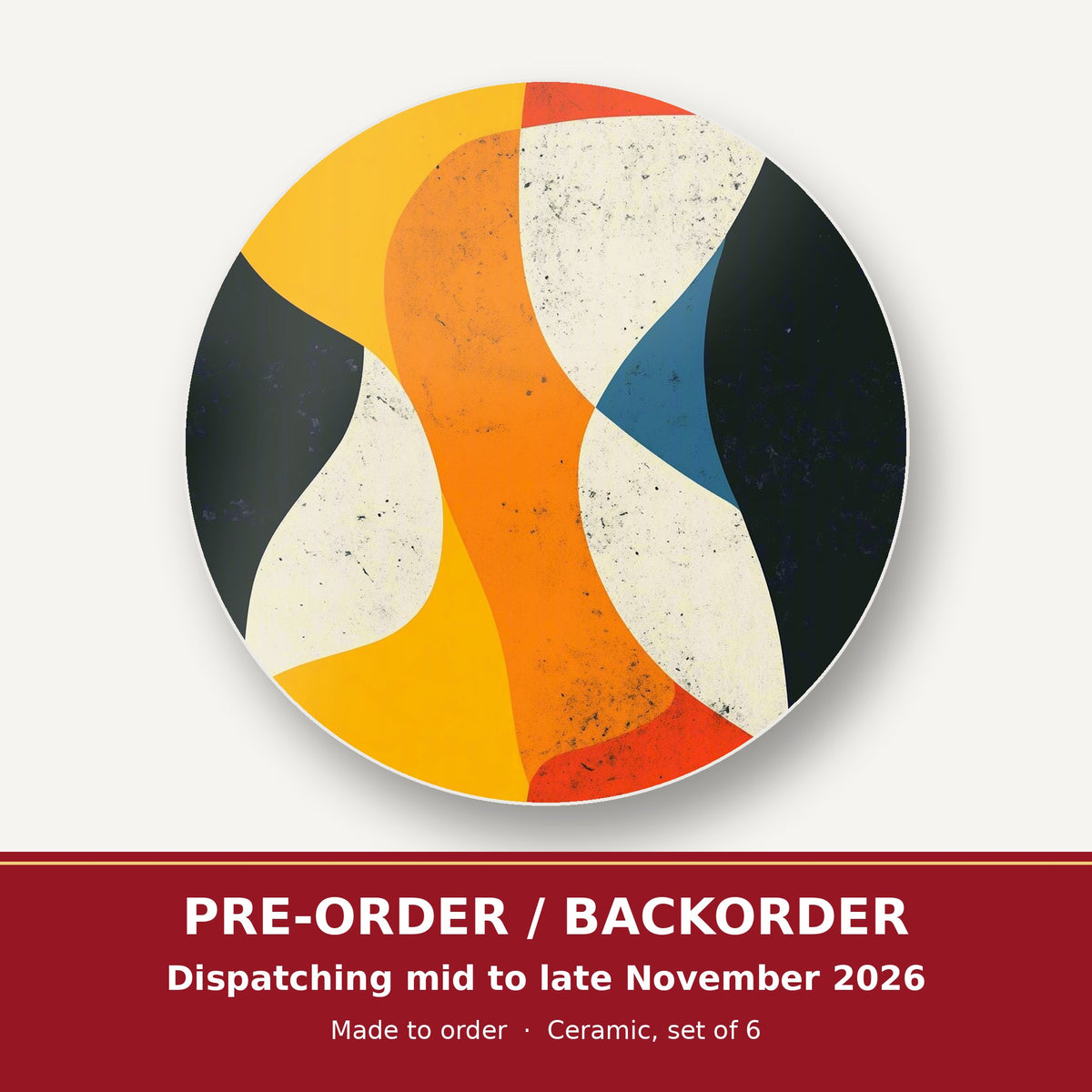 Mid-Century Abstract Shapes round ceramic coaster set of 6 – pre-order / backorder, dispatching mid to late November 2026