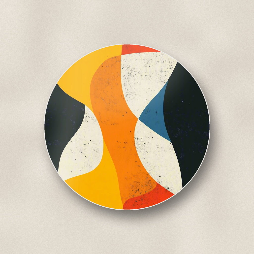 Close-up of one mid-century abstract shapes round ceramic coaster, flat UV print